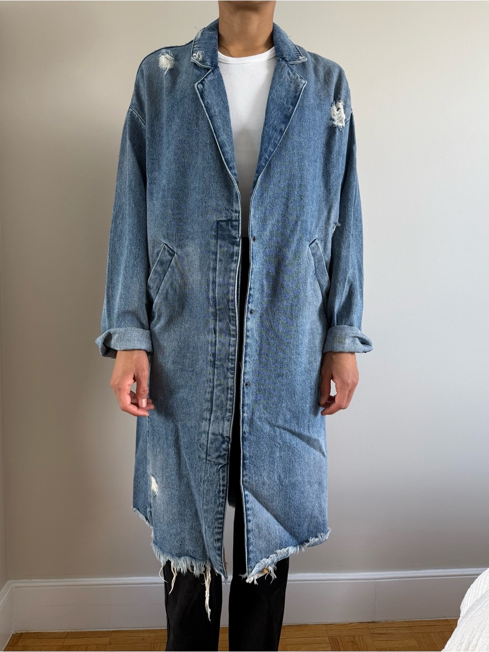 Zara Trafaluc Distressed Denim Duster Coat Sz M